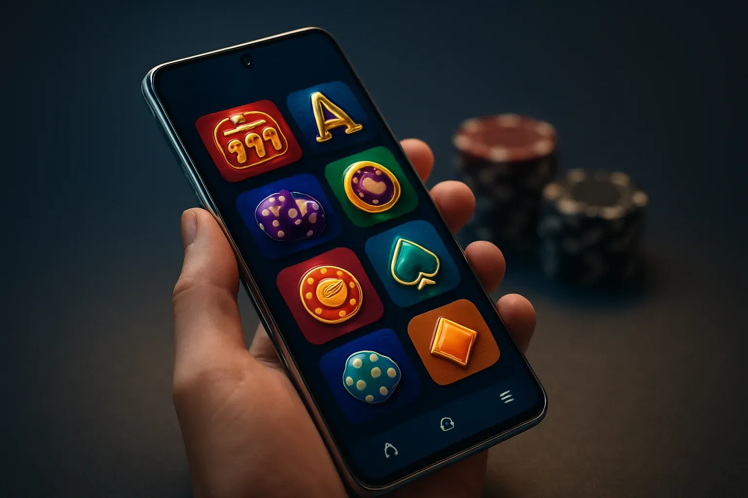 Hyperrealistic Android smartphone showing premium casino app interface, dramatic lighting