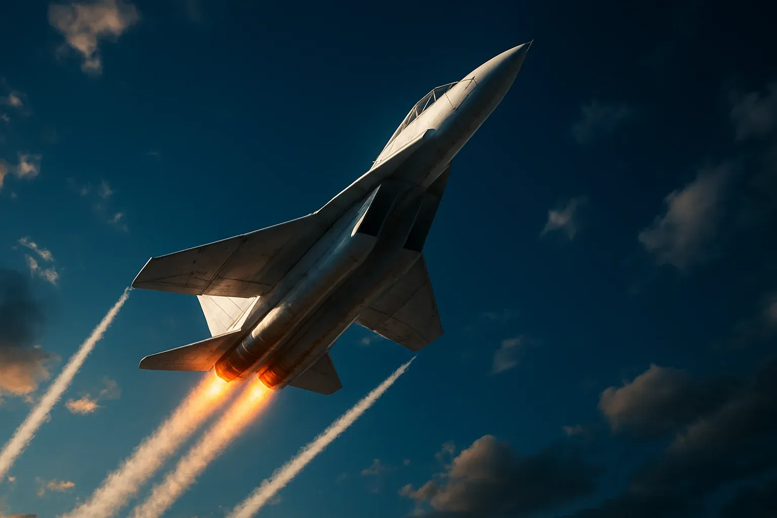 Hyperrealistic white jet climbing steeply in deep blue sky with contrails