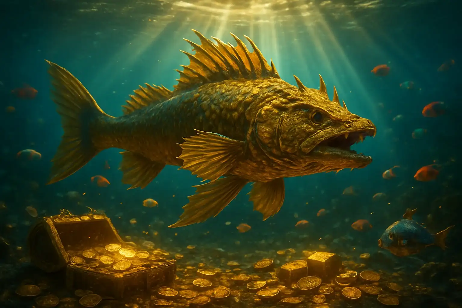 Hyperrealistic underwater golden dragon fish surrounded by glowing coins and treasure