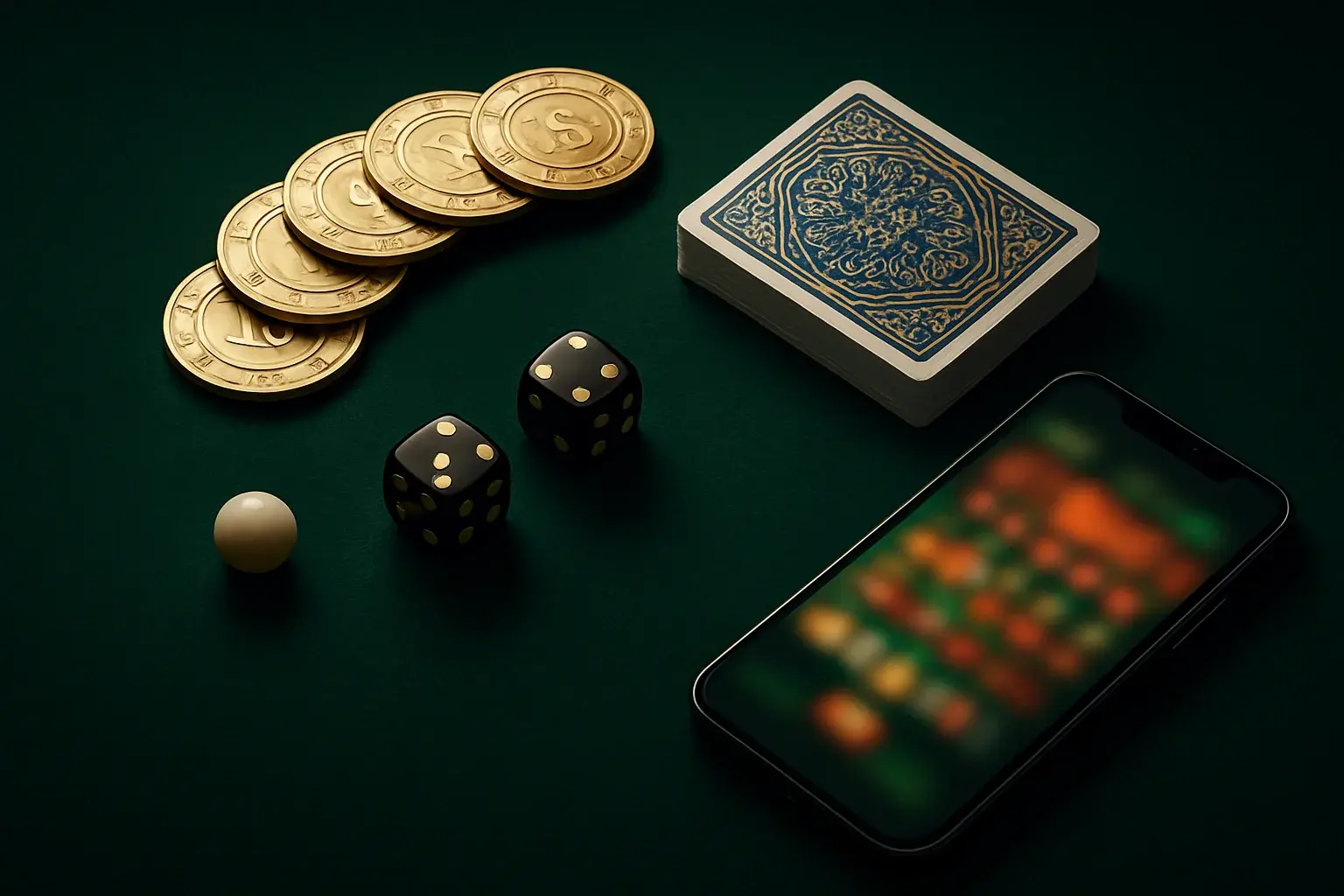 Top-down casino table with gold chips, cards, dice, roulette ball, smartphone