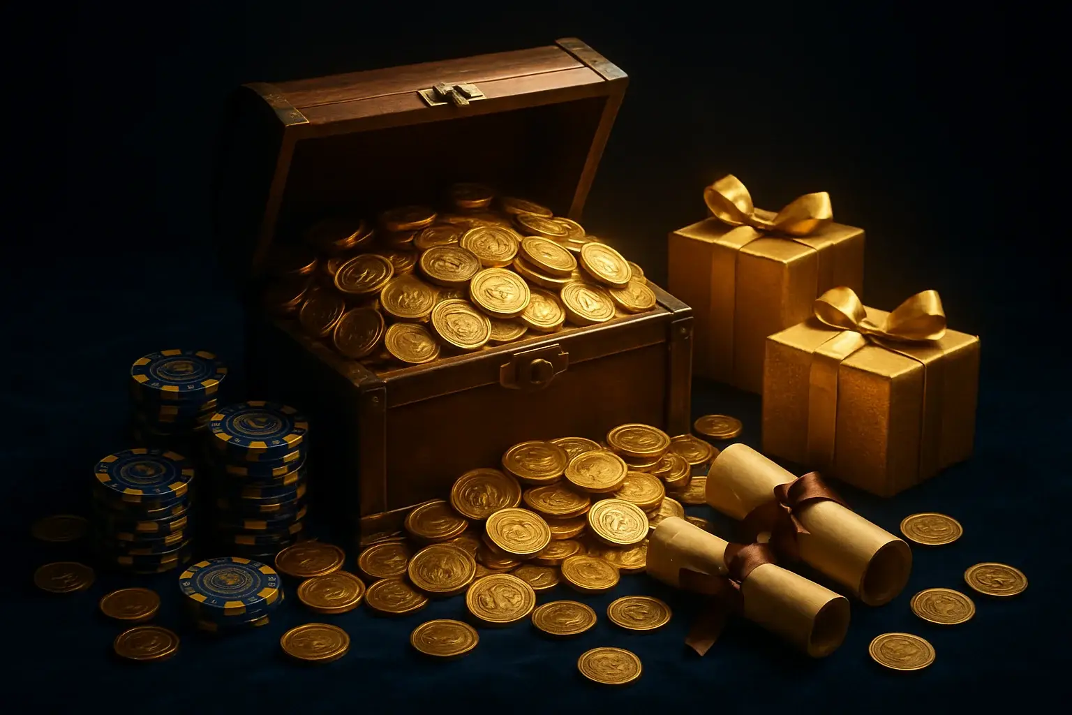 Overflowing treasure chest with gold coins, casino chips, vouchers, and gift boxes