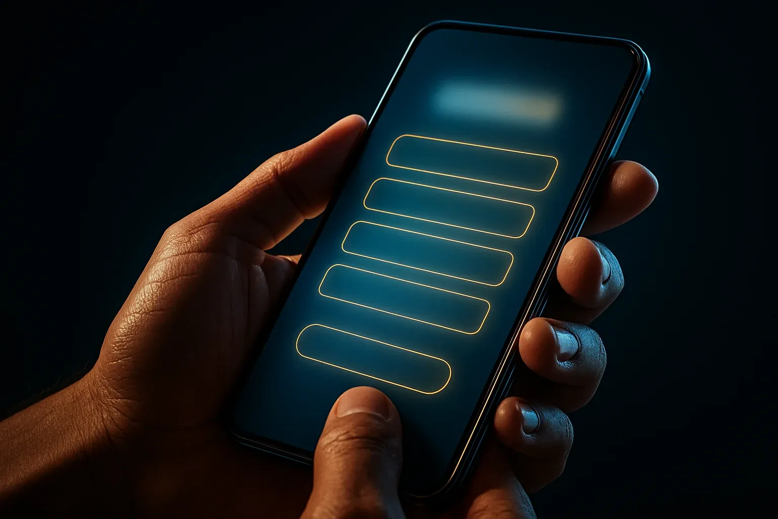 Filipino man hands holding smartphone with blurred registration screen, blue gold glow