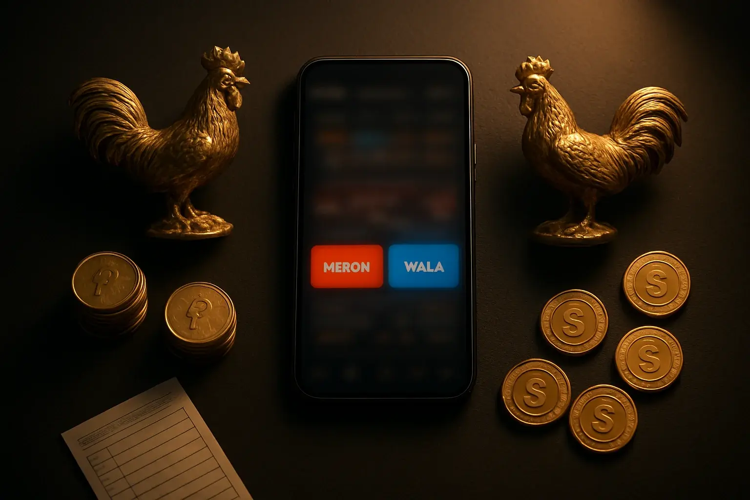 Smartphone sabong betting interface with golden roosters, peso coins, and casino chips
