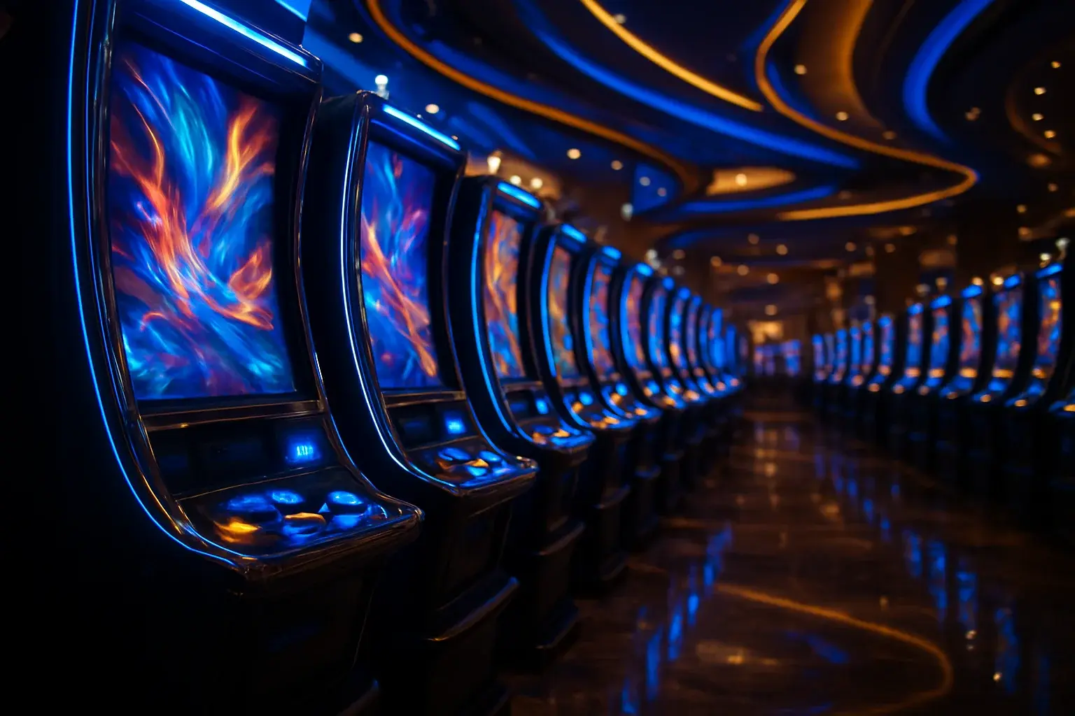 Hyperrealistic wide shot of Manila casino slots floor with blue gold lighting