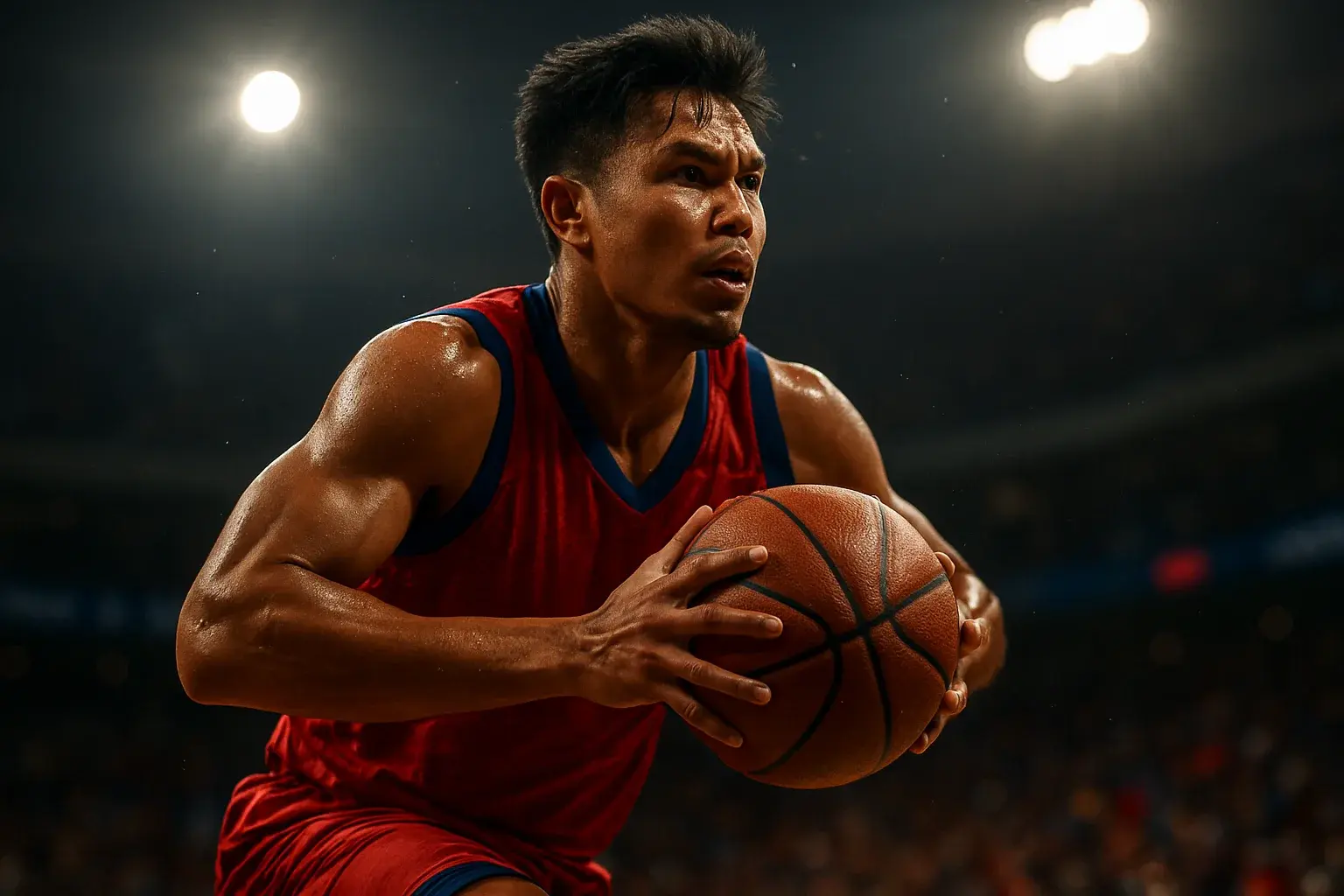 Filipino PBA basketball player mid-air driving to basket, intense close-up
